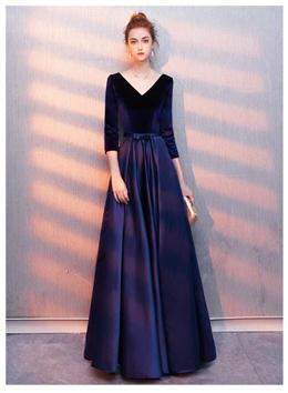 Picture of Navy Blue V-neckline Satin and Velvet Bridesmaid Dresses, Blue Wedding Party Dresses